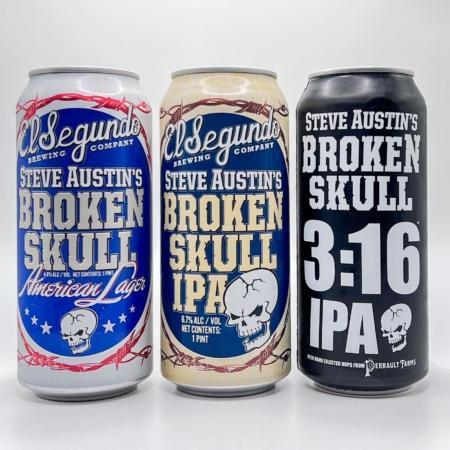 all 3 Broken Skull Beer cans